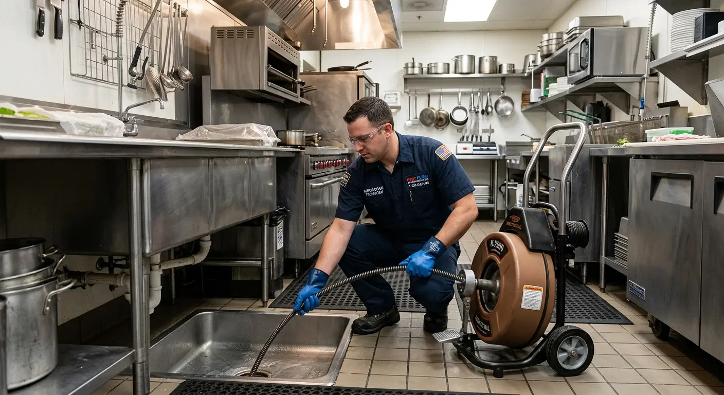Commercial drain cleaning service in a restaurant kitchen in West Deptford