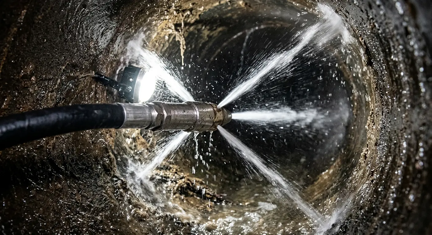 High-pressure hydro jetting nozzle cleaning sewer pipe for Emergency Drain Service in West Deptford