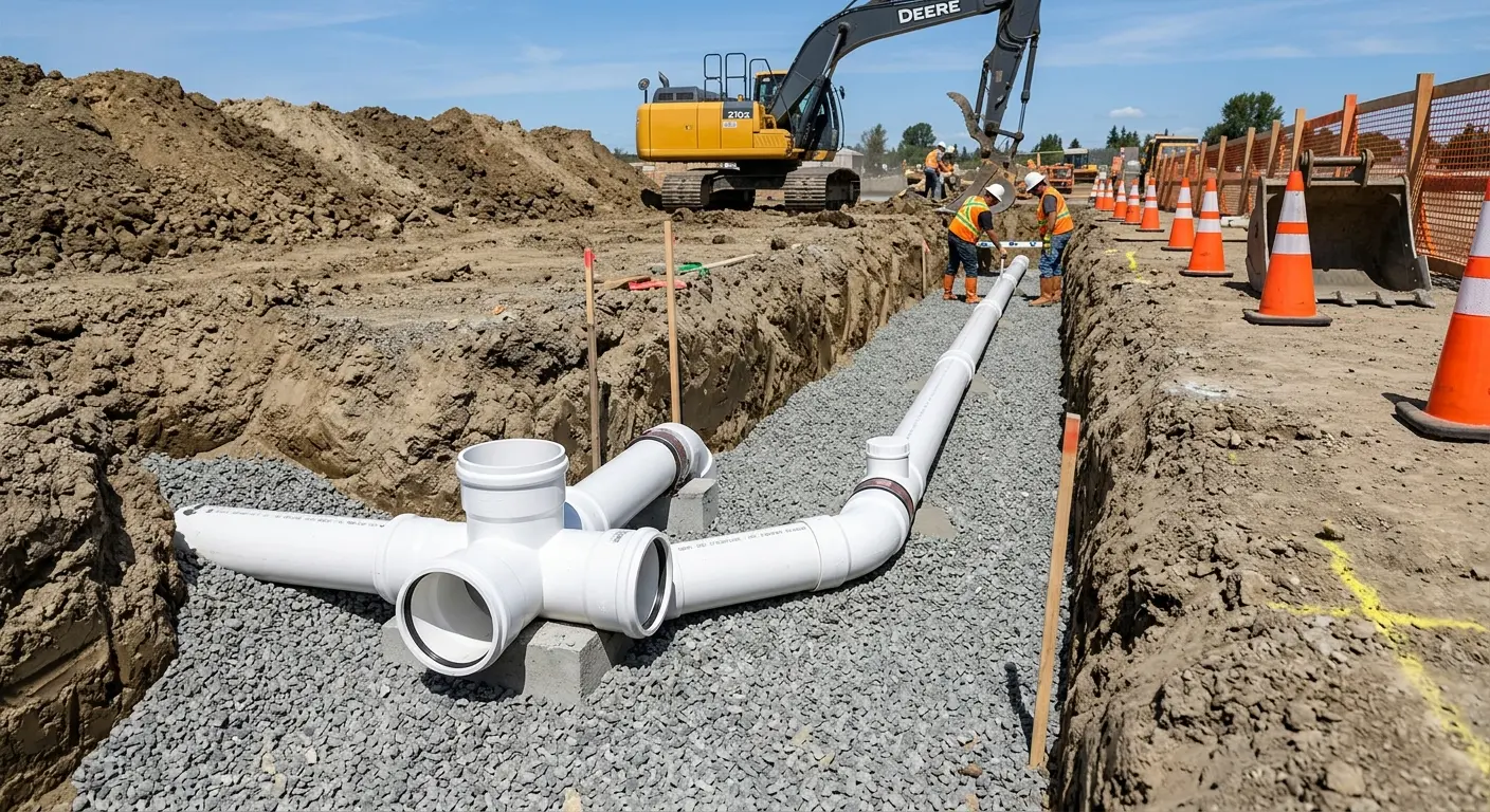 New PVC sewer pipe installation in open trench for Sewer Backup in West Deptford