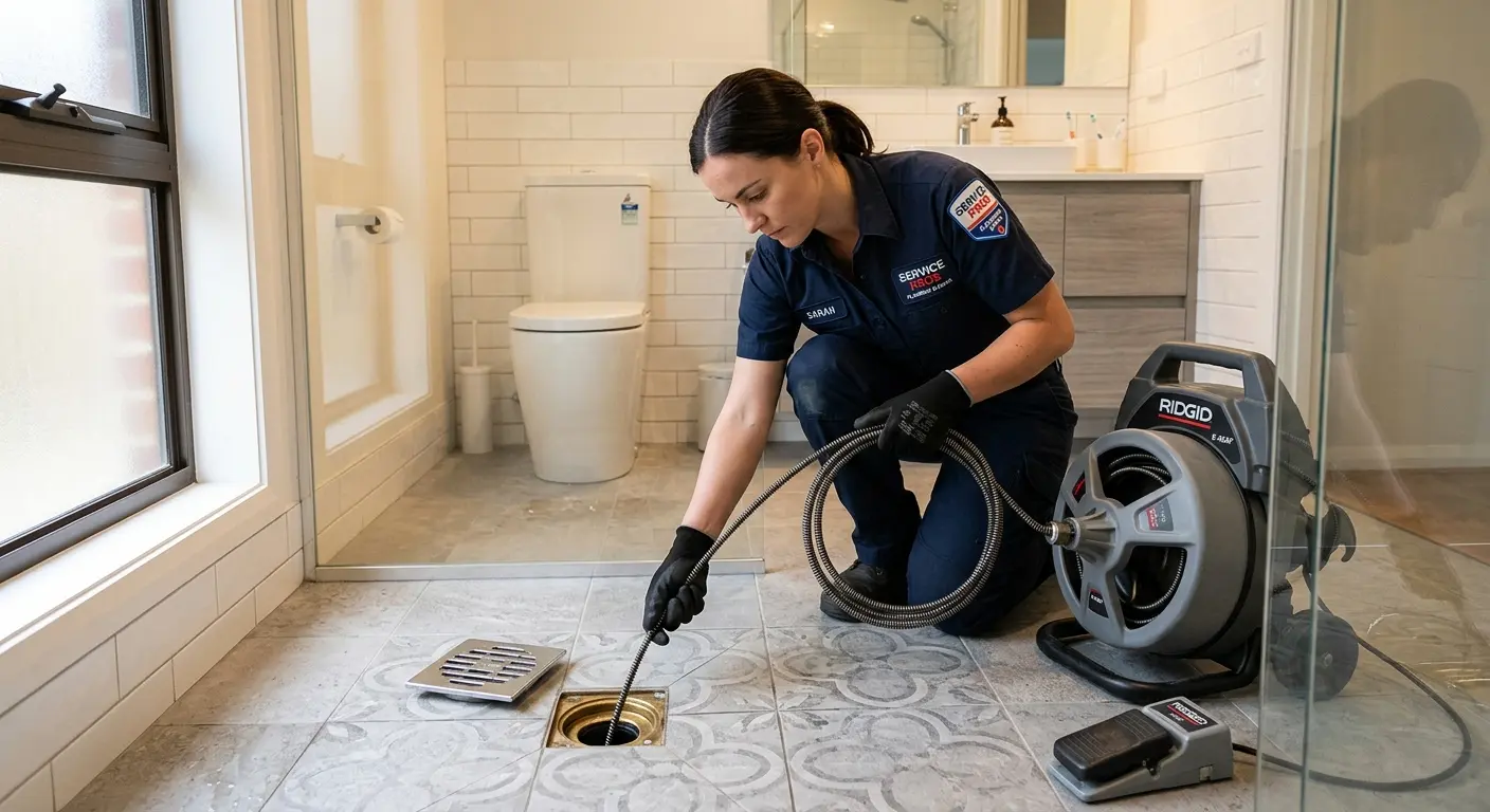 Technician clearing a bathroom floor drain for Clogged Drain Repair in West Deptford
